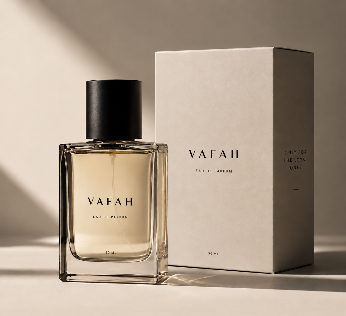 VAFAH Eau de Parfum — clear glass bottle with black cap beside ivory packaging